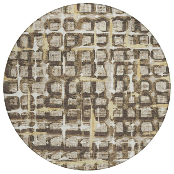HomeRoots 8 Foot Round Geometric Polyester Area Rug Washable Beige Brown Indoor Outdoor 740502