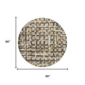 8 Foot Round Geometric Polyester Area Rug Washable Beige Brown Indoor Outdoor