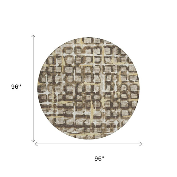 8 Foot Round Geometric Polyester Area Rug Washable Beige Brown Indoor Outdoor