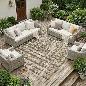 8 X 10 Beige Brown Geometric Polyester Area Rug Washable Stain Resistant Indoor Outdoor