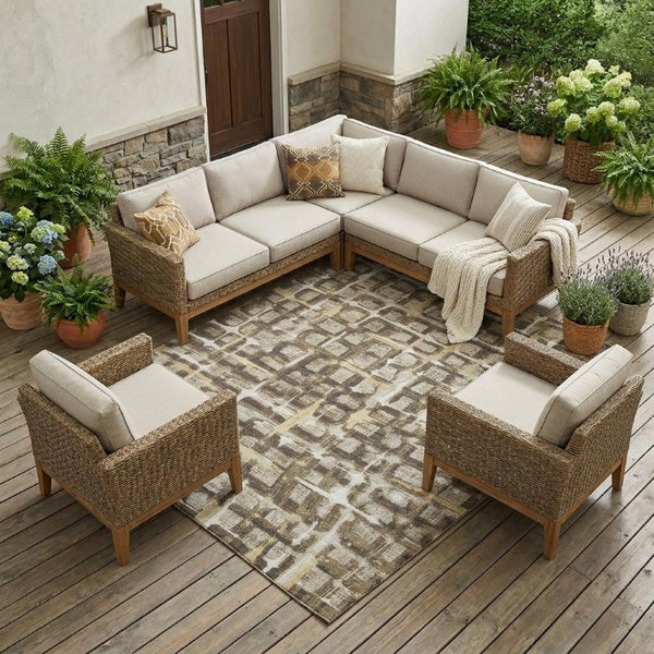 10 X 14 Geometric Polyester Area Rug Washable Stain Resistant Indoor Outdoor Beige Brown