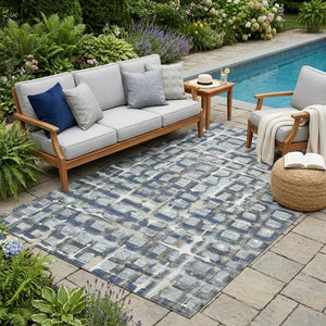5x8 Blue Gray Geometric Polyester Area Rug Washable Stain Resistant Indoor Outdoor