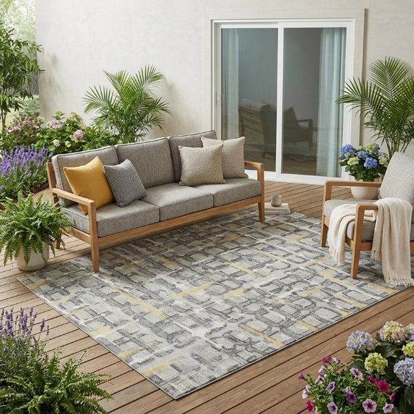 5x8 Geometric Polyester Area Rug Washable Stain Resistant Indoor Outdoor Silver Gray