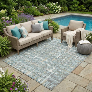 5x8 Teal Pewter Geometric Polyester Area Rug Washable Stain Resistant Indoor Outdoor