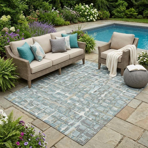 5x8 Teal Pewter Geometric Polyester Area Rug Washable Stain Resistant Indoor Outdoor