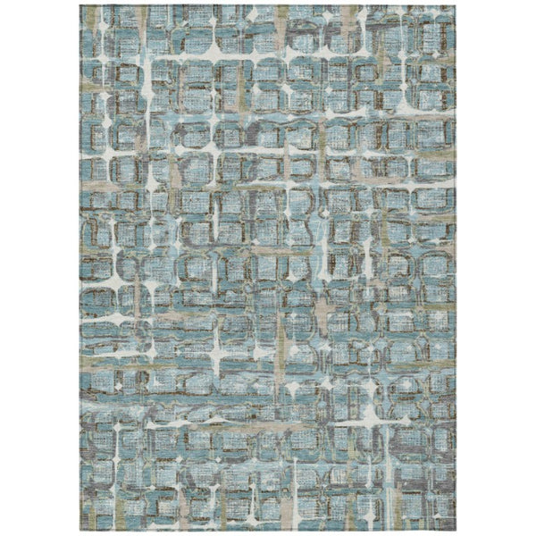 HomeRoots 5x8 Teal Pewter Geometric Polyester Area Rug Washable Stain Resistant Indoor Outdoor 740525
