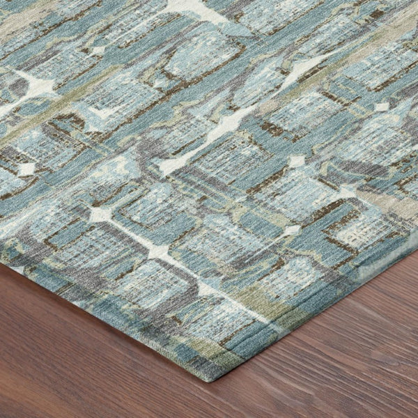 5x8 Teal Pewter Geometric Polyester Area Rug Washable Stain Resistant Indoor Outdoor