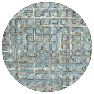 HomeRoots 8 Foot Round Geometric Polyester Area Rug Teal Pewter Washable Indoor Outdoor 740526
