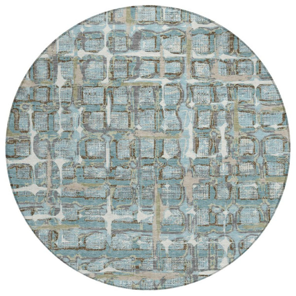 HomeRoots 8 Foot Round Geometric Polyester Area Rug Teal Pewter Washable Indoor Outdoor 740526