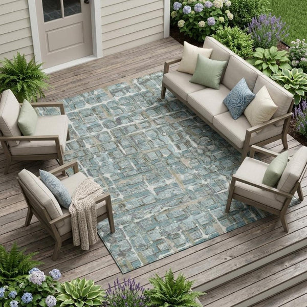 8 X 10 Teal Pewter Geometric Polyester Area Rug Washable for Indoor Outdoor Use