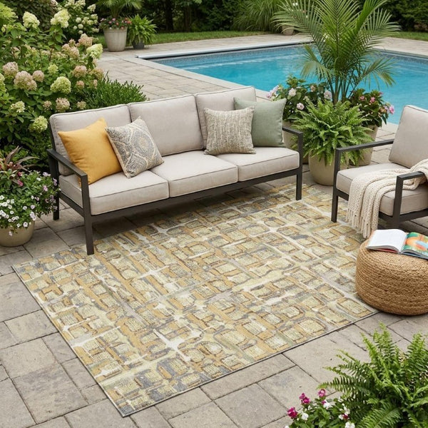 5 X 8 Wheat Gold Geometric Polyester Area Rug Washable Stain Resistant Indoor Outdoor