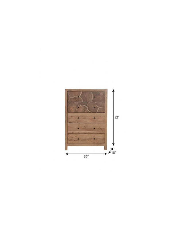 36 Inch Solid Natural Wood Five Drawer Lingerie Chest with a Live Edge Finish