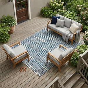 9 X 12 Navy Geometric Polyester Area Rug Washable for Indoor Outdoor Spaces