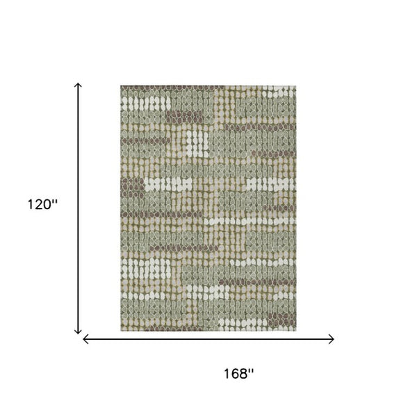 10 X 14 Olive Geometric Polyester Area Rug Washable Stain Resistant Patio Porch