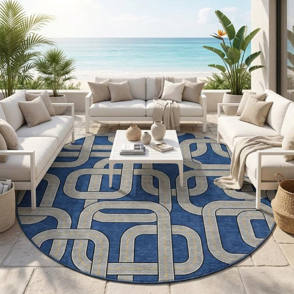 8 Foot Round Geometric Polyester Area Rug Washable Indoor Outdoor Blue Gray