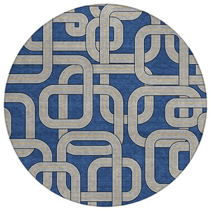 HomeRoots 8 Foot Round Geometric Polyester Area Rug Washable Indoor Outdoor Blue Gray 740570