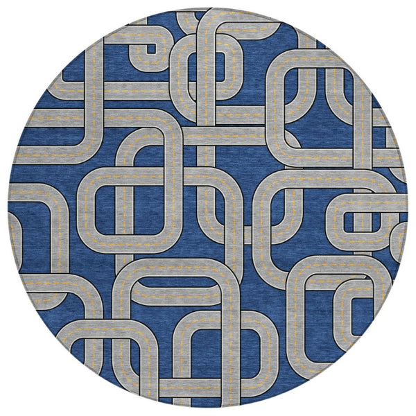 HomeRoots 8 Foot Round Geometric Polyester Area Rug Washable Indoor Outdoor Blue Gray 740570
