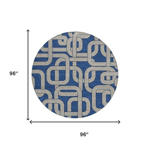 8 Foot Round Geometric Polyester Area Rug Washable Indoor Outdoor Blue Gray