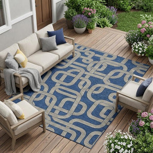 8 X 10 Blue Gray Geometric Polyester Area Rug Washable for Indoor Outdoor Use