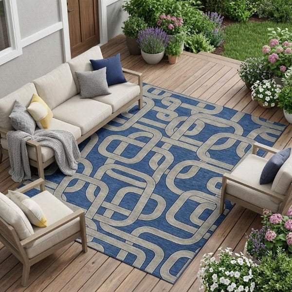 8 X 10 Blue Gray Geometric Polyester Area Rug Washable for Indoor Outdoor Use