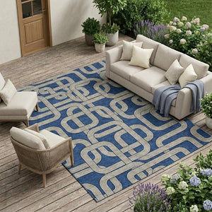 9 X 12 Blue Gray Geometric Polyester Area Rug Washable for Patio or Living Room