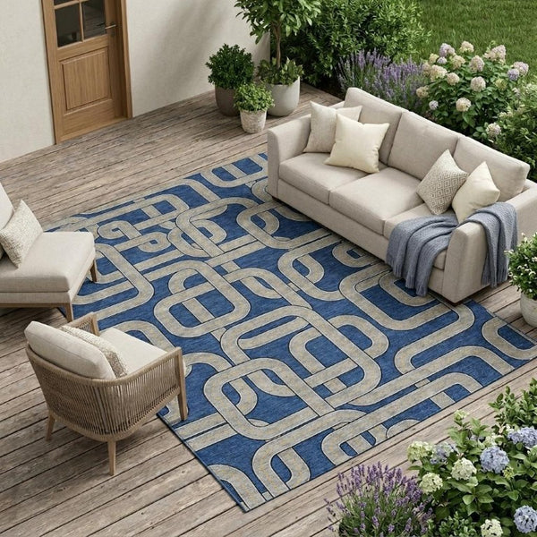 9 X 12 Blue Gray Geometric Polyester Area Rug Washable for Patio or Living Room