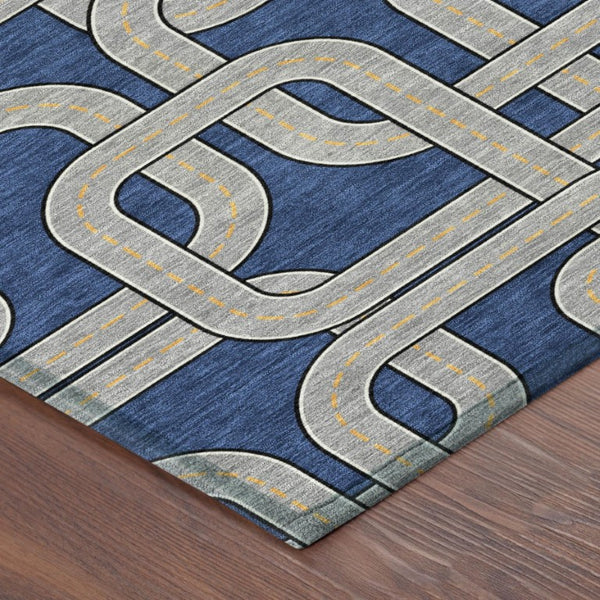 9 X 12 Blue Gray Geometric Polyester Area Rug Washable for Patio or Living Room