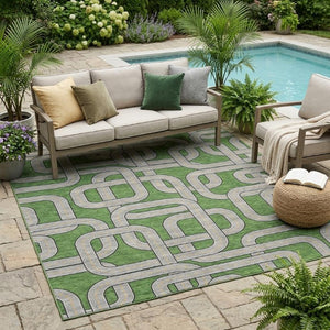 5 X 8 Green Pewter Geometric Polyester Area Rug Stain Resistant Indoor Outdoor