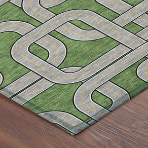 5 X 8 Green Pewter Geometric Polyester Area Rug Stain Resistant Indoor Outdoor