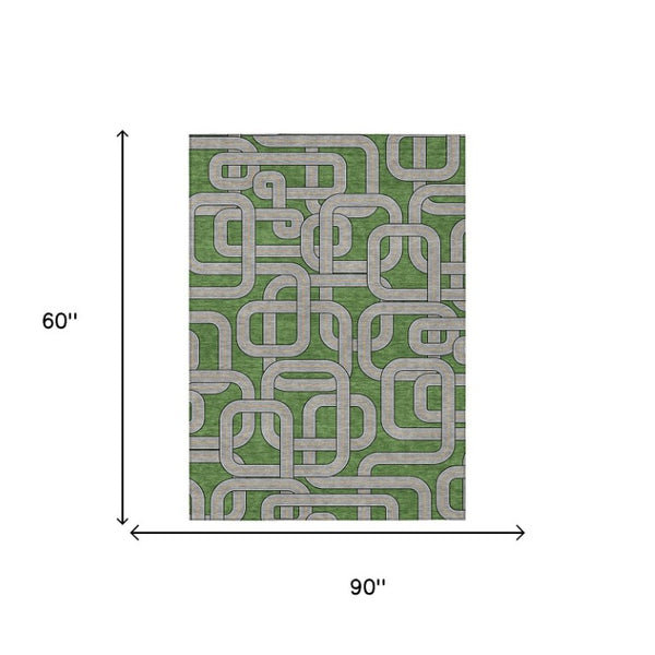 5 X 8 Green Pewter Geometric Polyester Area Rug Stain Resistant Indoor Outdoor