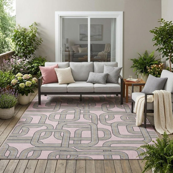 5 X 8 Pink Pewter Geometric Polyester Area Rug Washable for Patio or Living Room