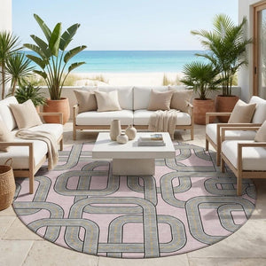 8 Ft Round Geometric Polyester Area Rug Washable Pink Pewter Patio or Family Room