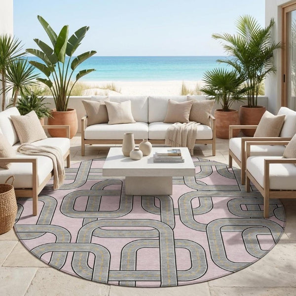 8 Ft Round Geometric Polyester Area Rug Washable Pink Pewter Patio or Family Room