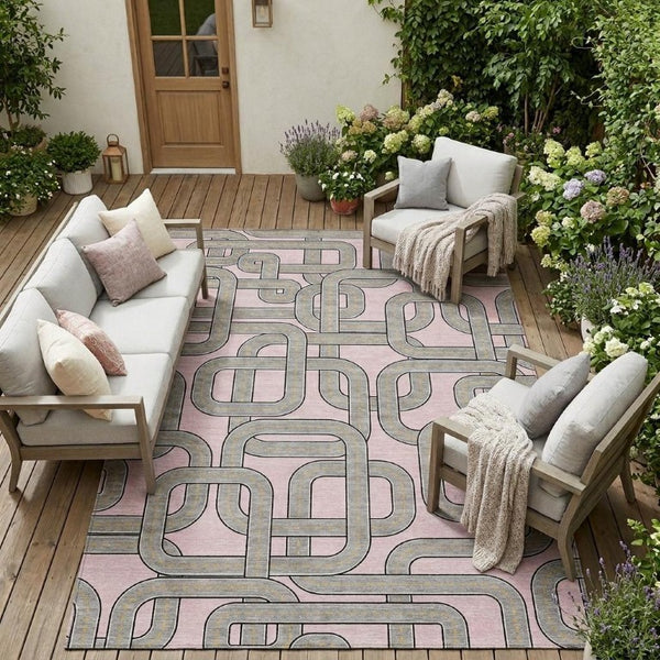 9 X 12 Pink Pewter Geometric Polyester Area Rug Washable for Patio or Living Room