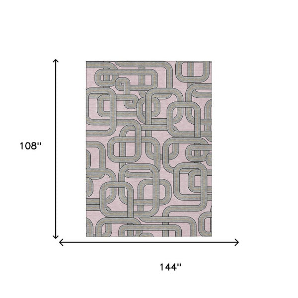 9 X 12 Pink Pewter Geometric Polyester Area Rug Washable for Patio or Living Room