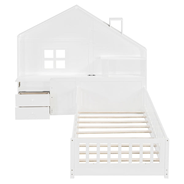 English Elm Twin House Bed Frame with Drawers Shelves and Usb Charging for Kids Bedroom LT000422AAK-1