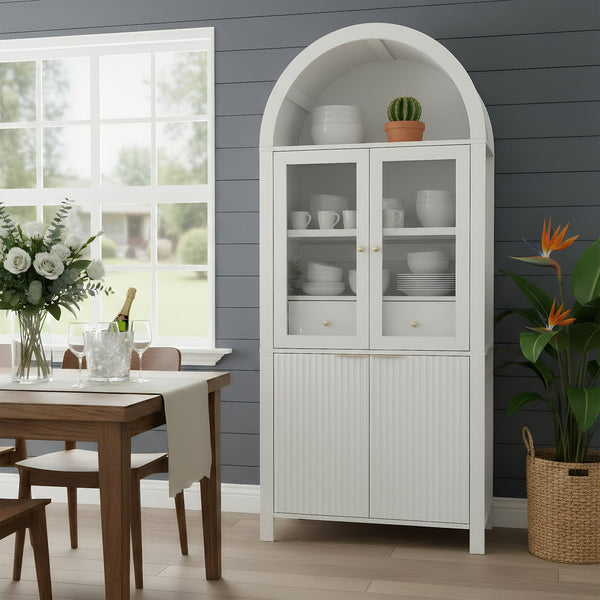 English Elm 71" Fluted Tall Arched Pantry Cabinet with Tempered Glass Door, Adjustable Shelves, Silent Drawer, Anti-Tip Safety and Stylish Metal Handles for Kitchen Living Dining White W2917P384723