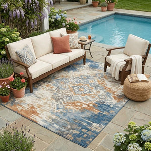5 X 8 Cream Ivory Medallion Polyester Area Rug Washable Stain Resistant Indoor Outdoor