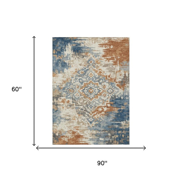 5 X 8 Cream Ivory Medallion Polyester Area Rug Washable Stain Resistant Indoor Outdoor