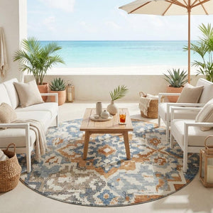 8 Foot Round Medallion Polyester Rug Washable Stain Resistant for Patio or Family Room