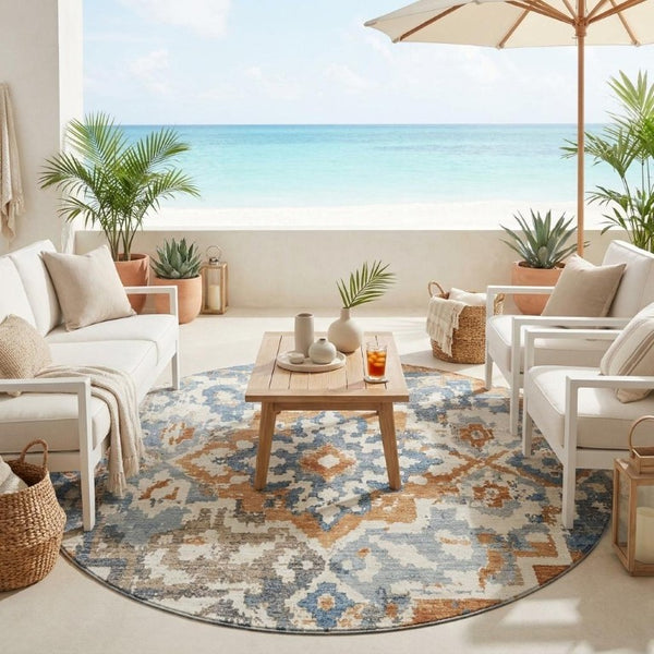 8 Foot Round Medallion Polyester Rug Washable Stain Resistant for Patio or Family Room