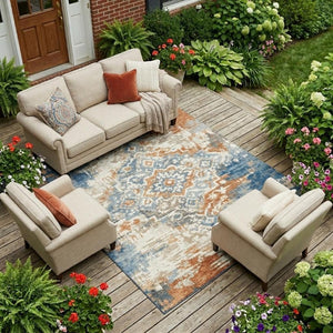 9 X 12 Cream Ivory Medallion Polyester Area Rug Washable Stain Resistant Indoor Outdoor