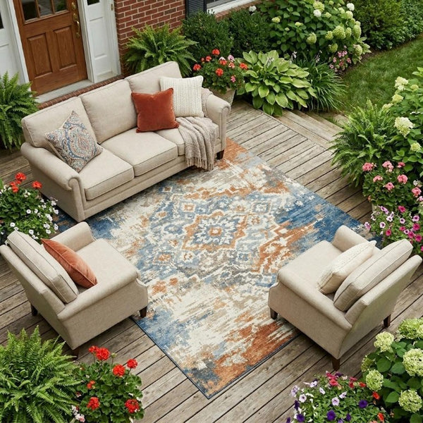 9 X 12 Cream Ivory Medallion Polyester Area Rug Washable Stain Resistant Indoor Outdoor