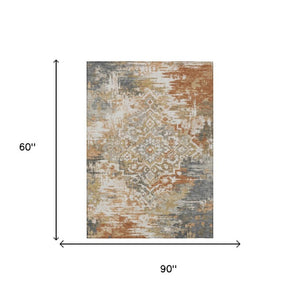 5 X 8 Copper Orange Medallion Polyester Indoor Outdoor Rug Stain Resistant