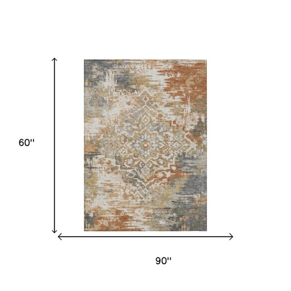 5 X 8 Copper Orange Medallion Polyester Indoor Outdoor Rug Stain Resistant