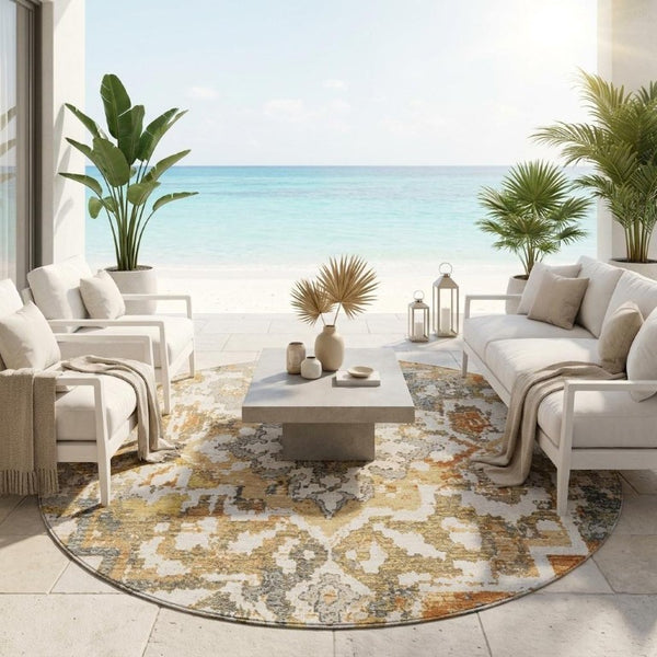 8 Ft Round Medallion Polyester Rug Washable Stain Resistant Indoor Outdoor Patio