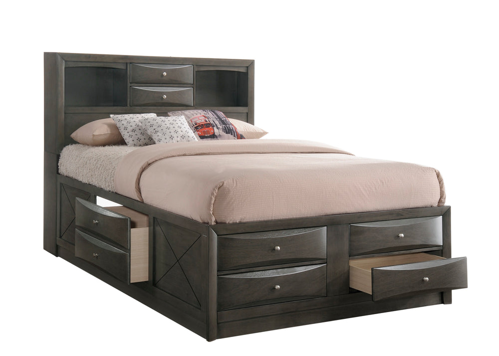 English Elm Gray Queen Storage Platform Captain's Bed with Bookcase Headboard, 8 Drawers, Beveled Fronts, Silver Hardware B2741S00611