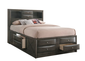 English Elm Gray Queen Storage Platform Captain's Bed with Bookcase Headboard, 8 Drawers, Beveled Fronts, Silver Hardware B2741S00611