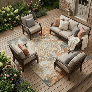 9x12 Copper Orange Medallion Polyester Area Rug Washable for Patio and Living Room