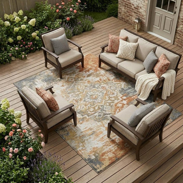 9x12 Copper Orange Medallion Polyester Area Rug Washable for Patio and Living Room